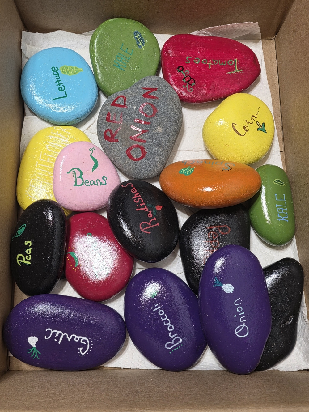 Hand-Painted Garden Marker Stones – Colorful Vegetable Set